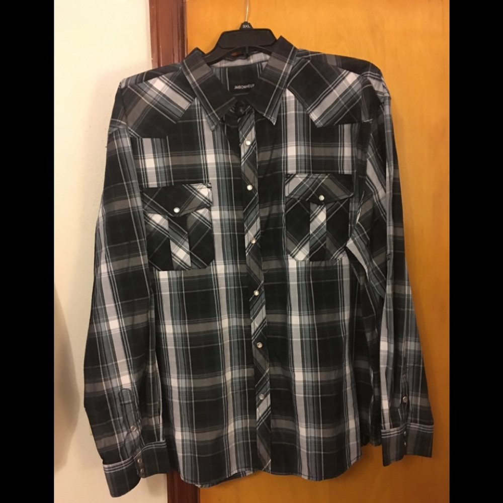 New Mens Long Sleeve Pearl Snap Western Shirt 3XL Black/Gray Plaid